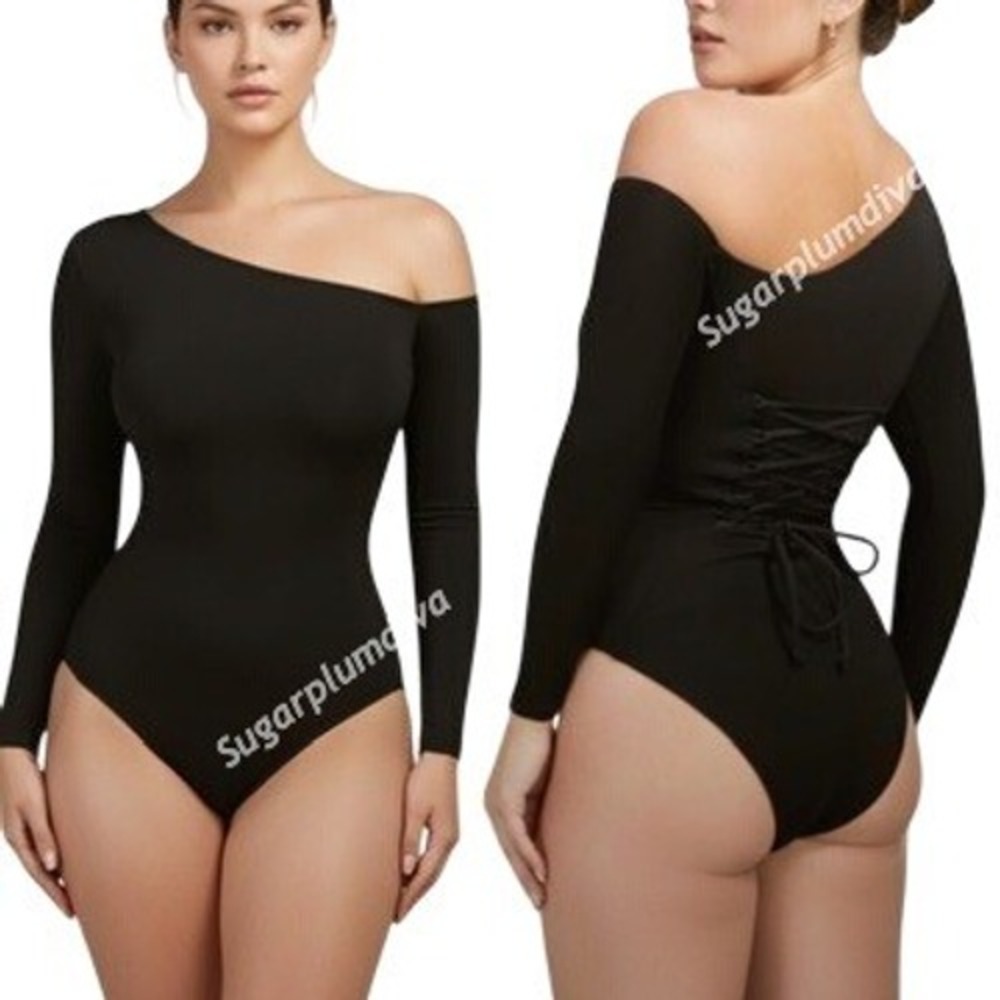 Ta3 Black One Shoulder Bodysuit MEDIUM Sculpting Fit Shapewear Long Sleeves